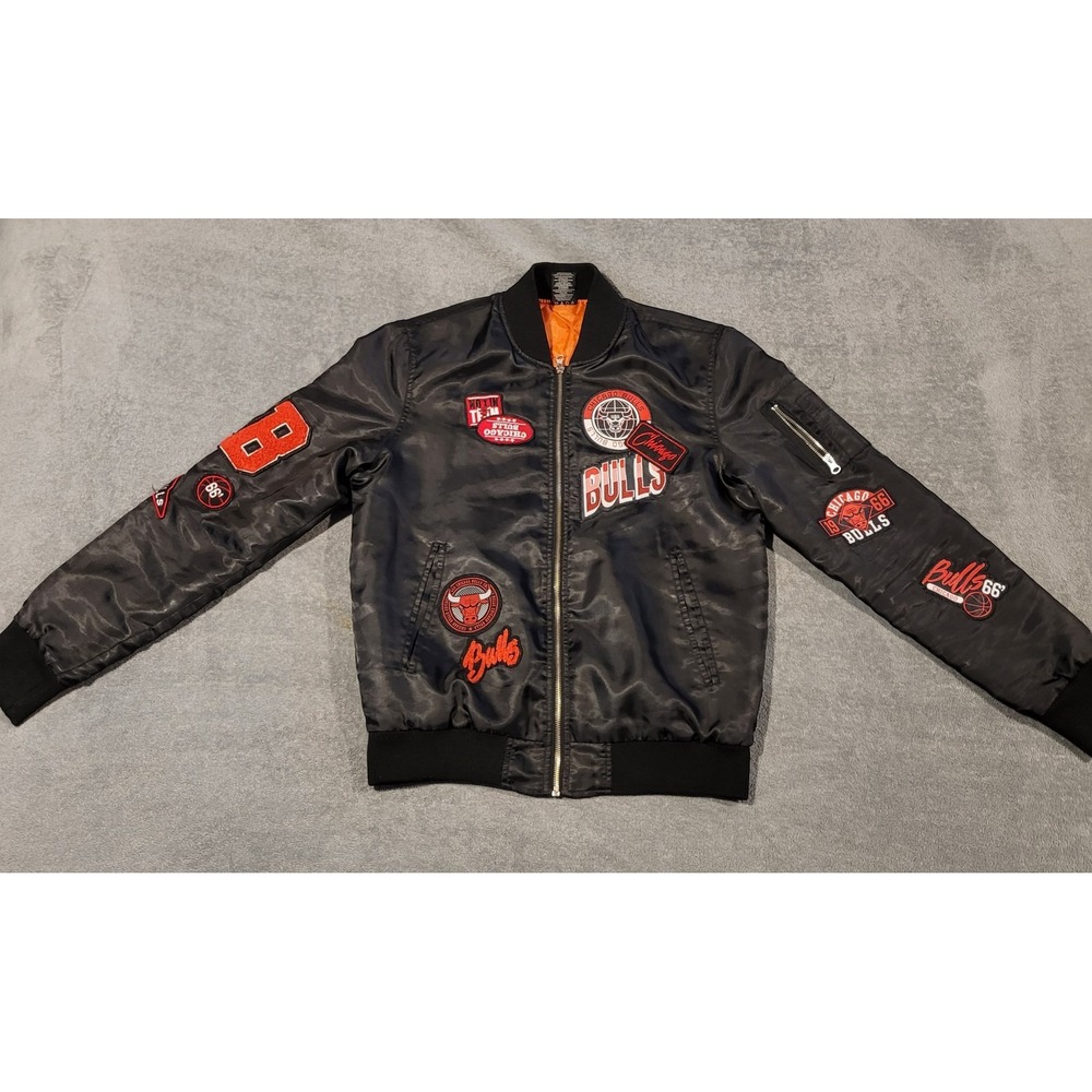UNK NBA Chicago Bulls Multi Patch Bomber Jacket Men's Small Black Y2K Style